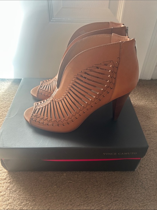 Vince Camuto Shoes - Vince Camuto Tan Woven Peep-Toe Stiletto Booties